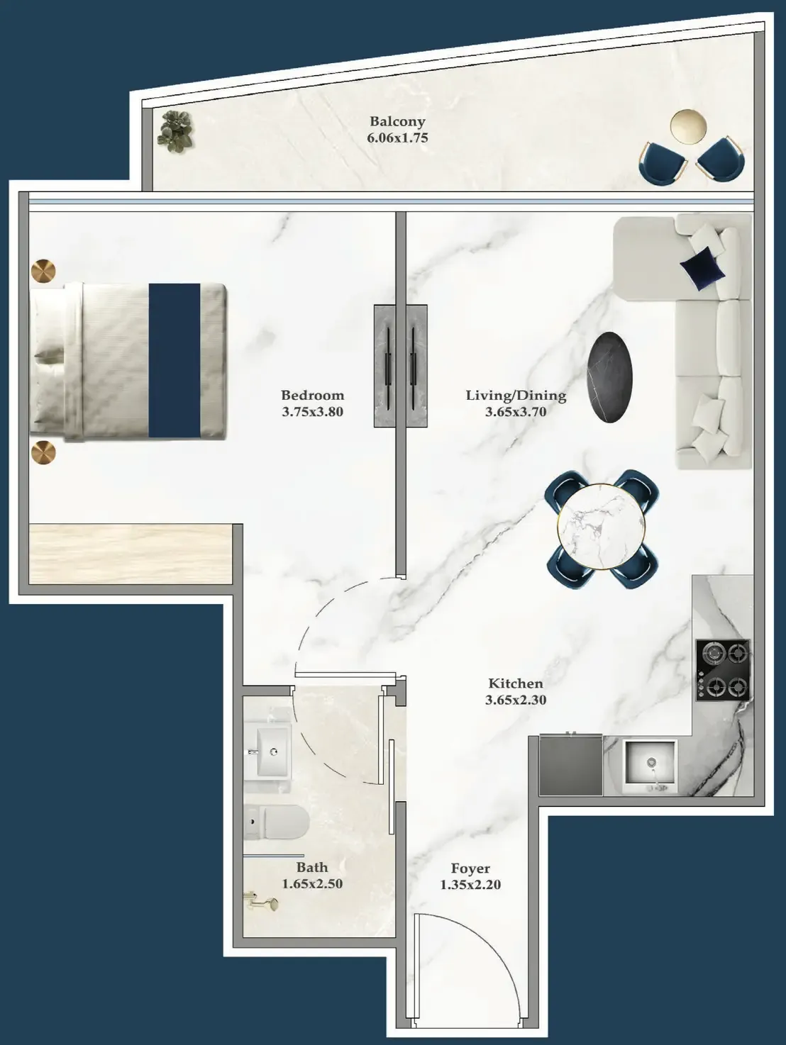 Serenz 1 bed floor plan, 572 sqft