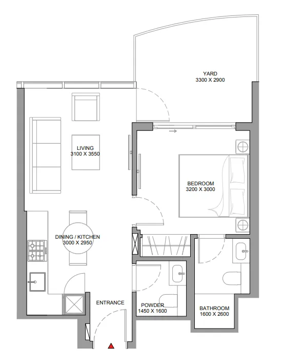 Sobha Aquamont 1 bed floor plan, 595 sqft