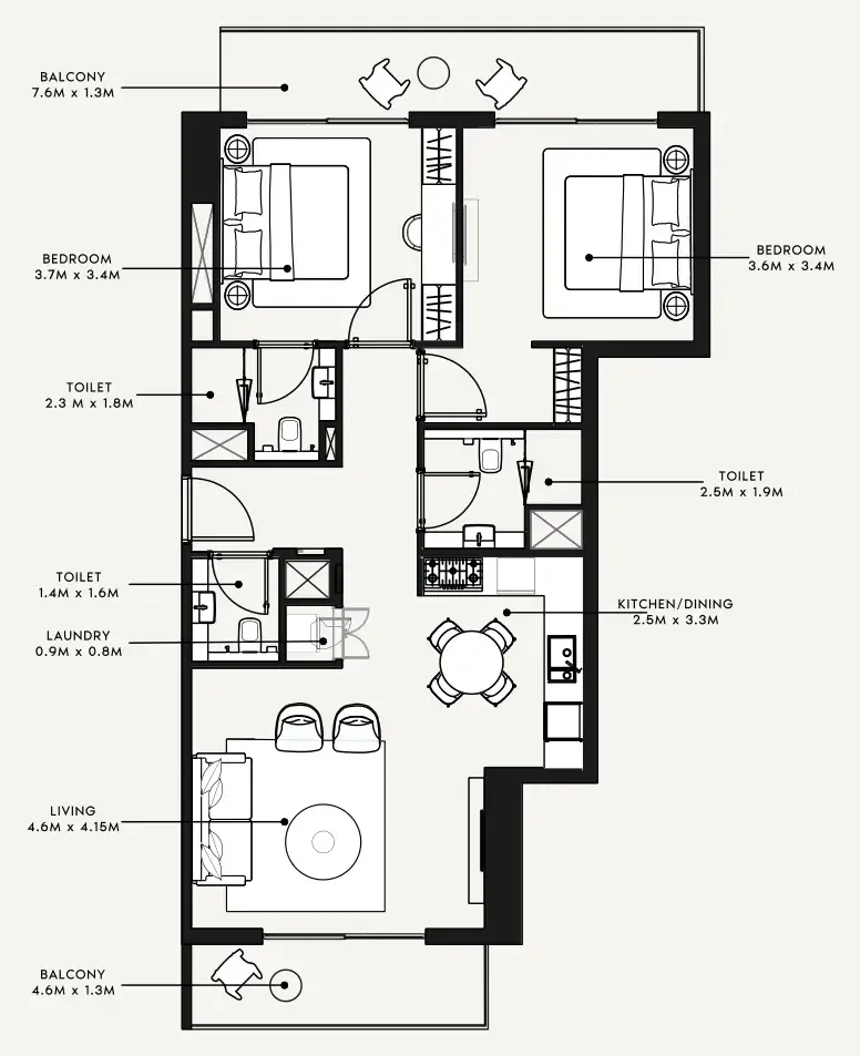 Azizi Milan 2 bed floor plan, 1,111 sqft