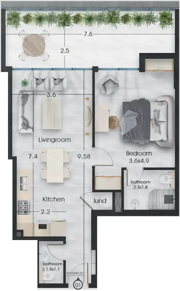 Ethan 1 bed floor plan, 843 sqft