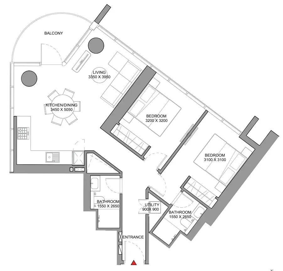 Sobha Orbis 2 bed floor plan, 983 sqft