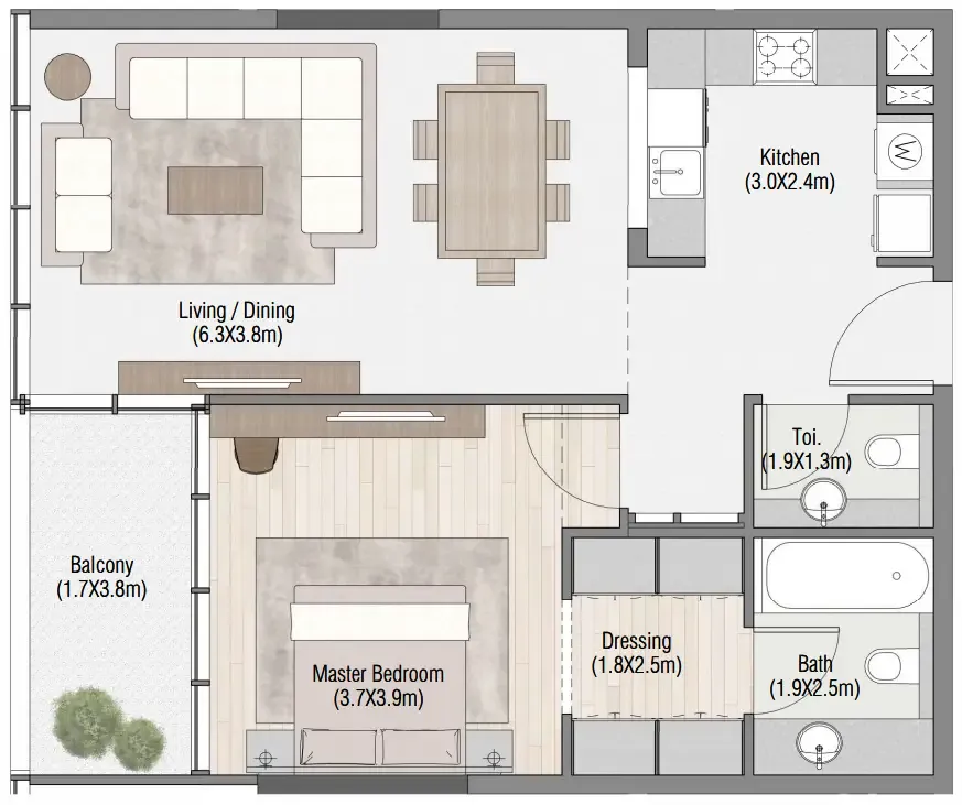 South Living 1 bed floor plan, 848 sqft