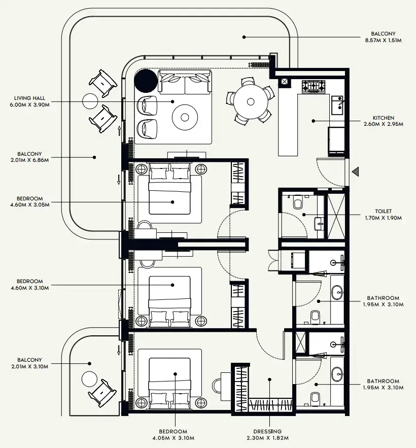 Azizi Venice 3 bed floor plan, 1,643 sqft