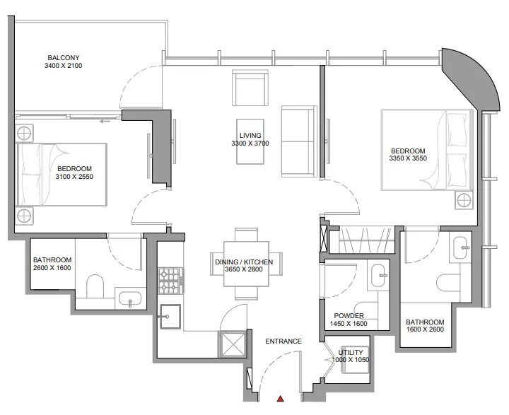 Sobha Aquamont 2 bed floor plan, 771 sqft