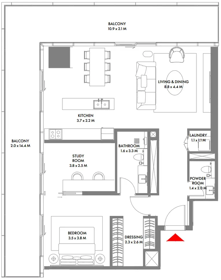 W The Residences by Arada 1 bed floor plan, 1,496 sqft