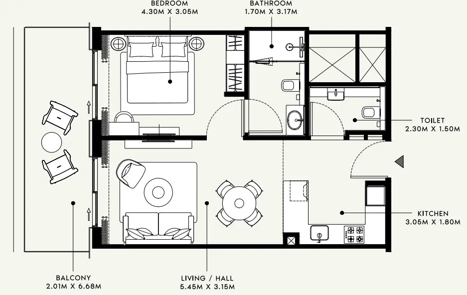 Azizi Venice 1 bed floor plan, 735 sqft