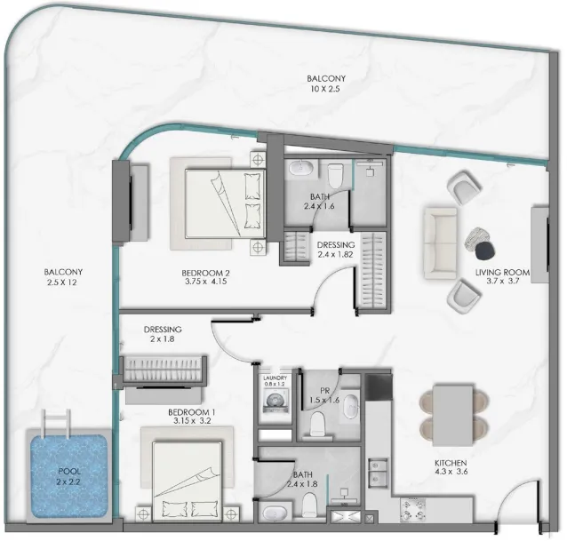 Samana Sky Views 2 bed floor plan, 1,593 sqft