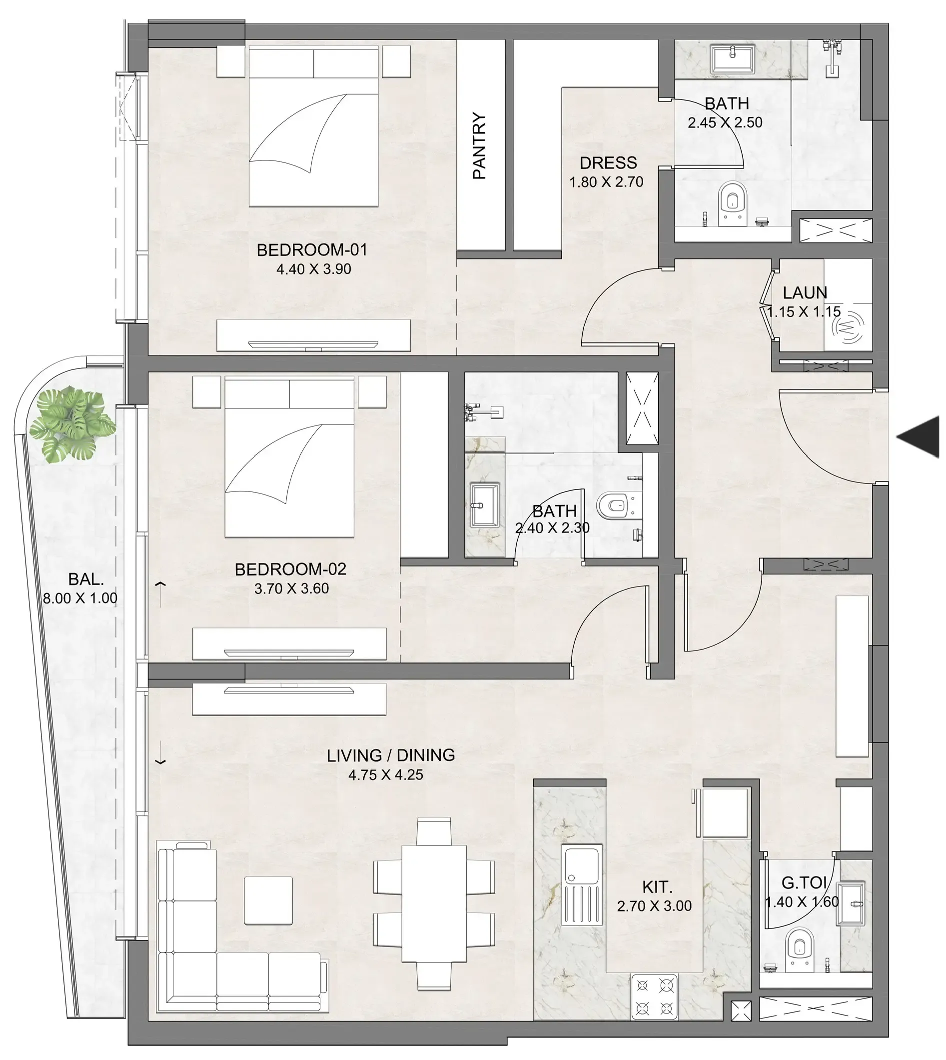 Luzora Residence 2 bed floor plan, 1,303 sqft