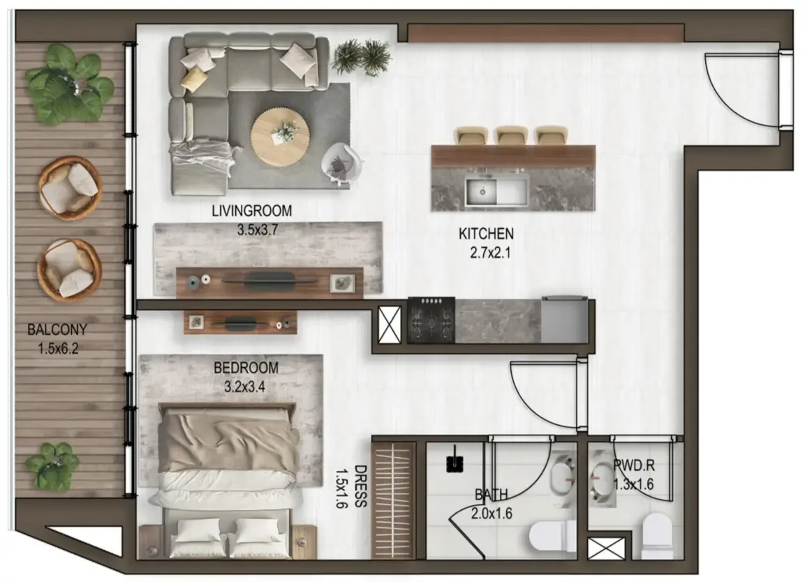 Noore 1 bed floor plan, 751 sqft