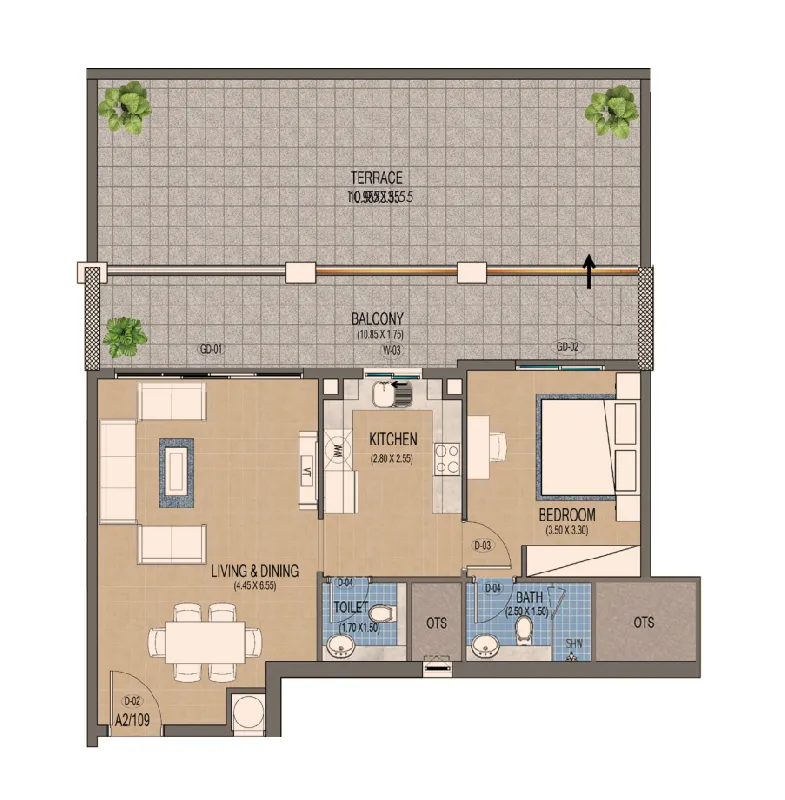 Triana Residences 1 bed floor plan, 1,345 sqft