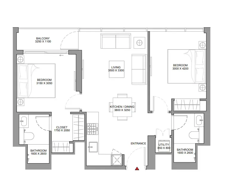 Pearlside Marina Residences 2 bed floor plan, 773 – 775 sqft