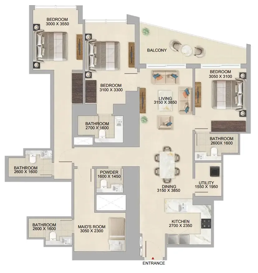 The Tranquil at Sobha Central 3 bed floor plan, 1,669 sqft