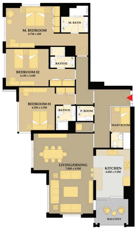 Riva Residence 3 bed floor plan, 2,006 – 2,101 sqft