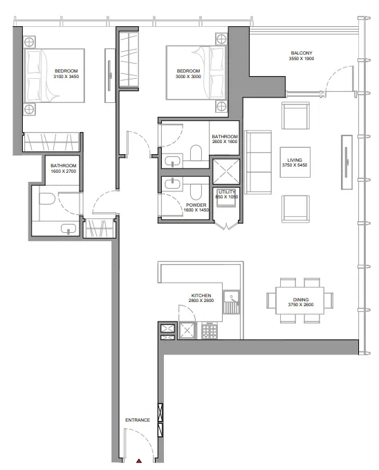 The Element at Sobha One 2 bed floor plan, 1,283 sqft