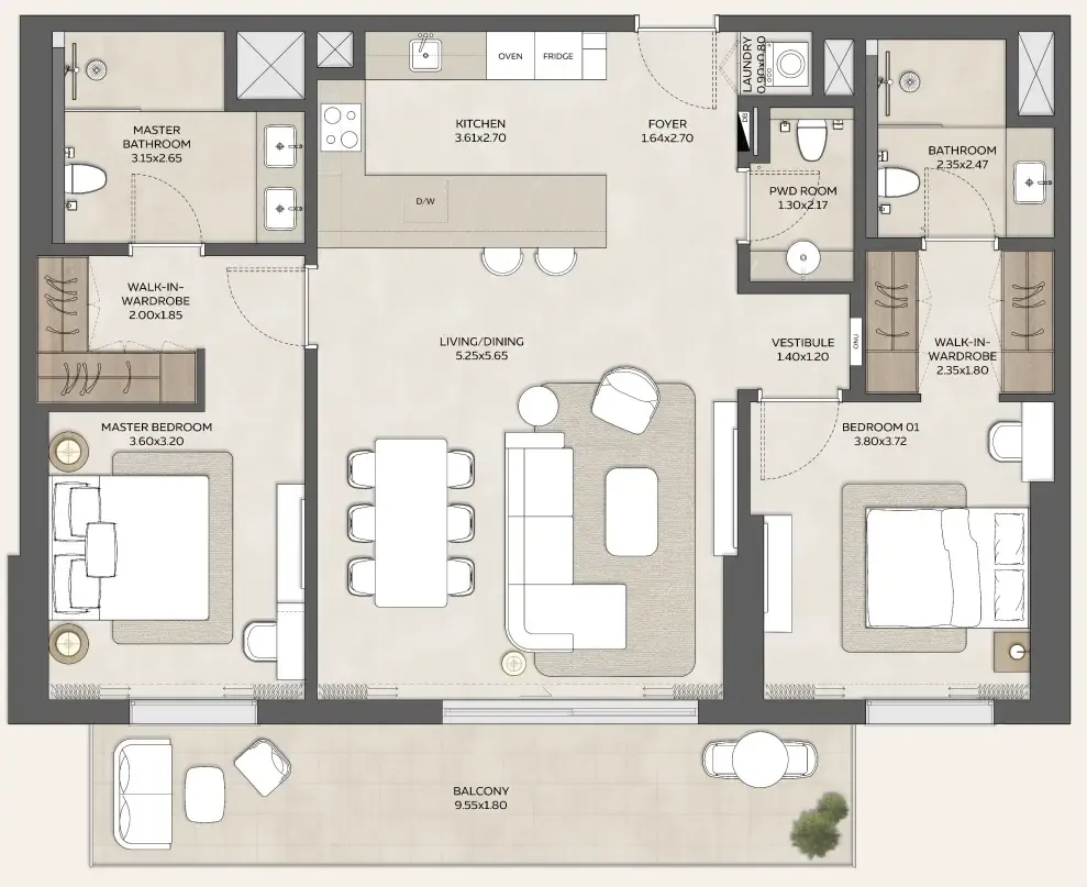 Expo Valley Views - Ghadeer 2 bed floor plan, 1,360 sqft