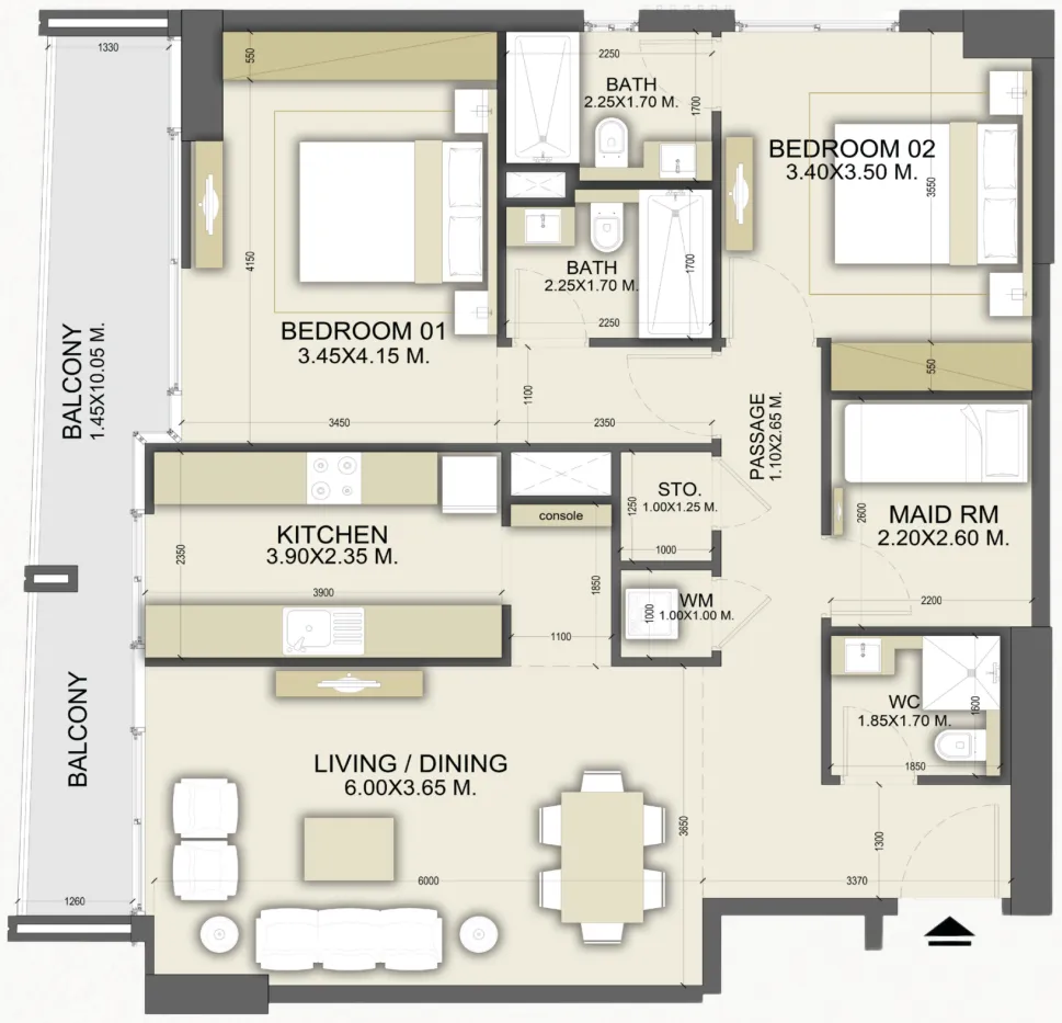 Dalmore Tower 2 bed floor plan, 1,246 sqft