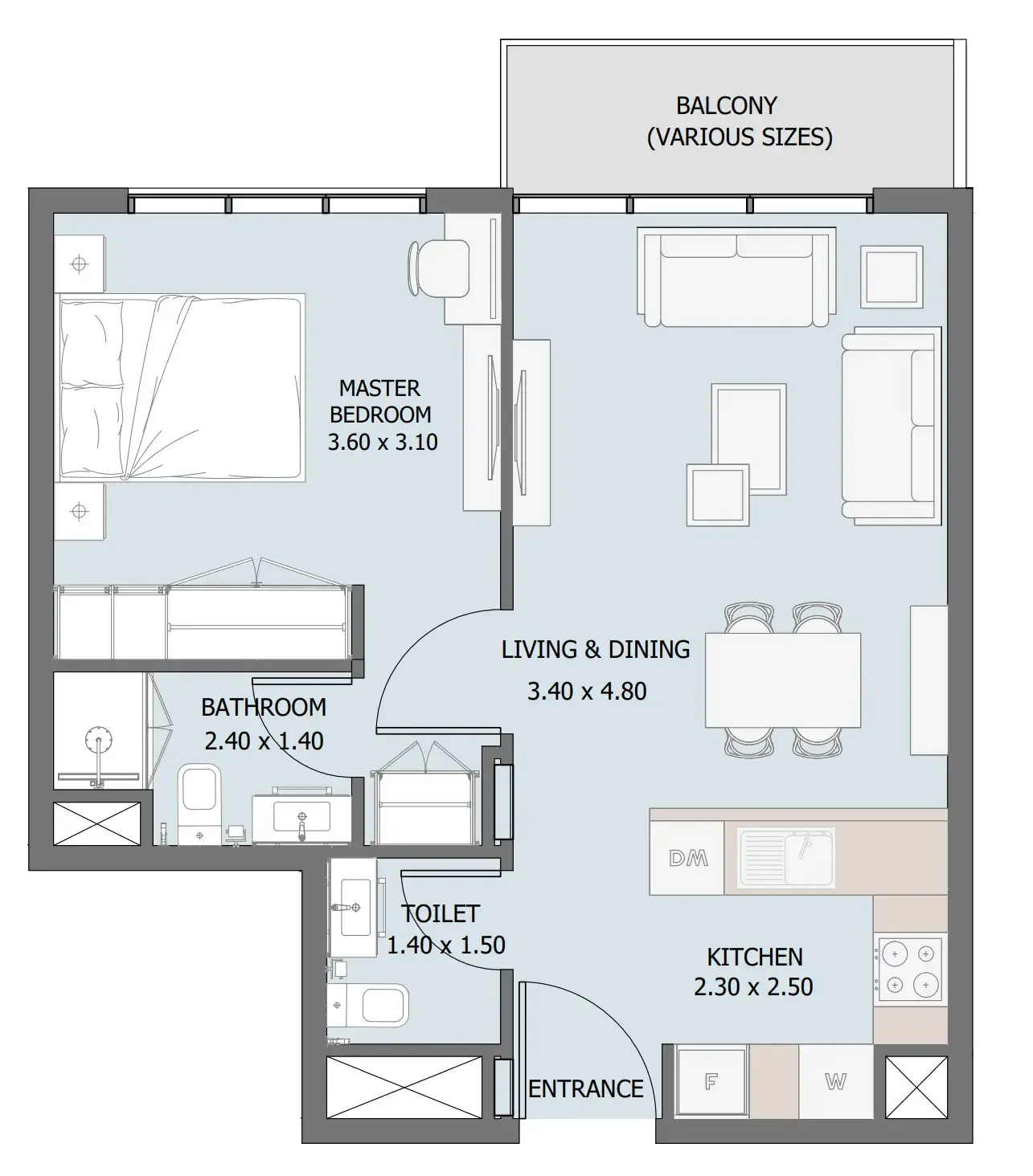 Verdana III 1 bed floor plan, 574 – 628 sqft