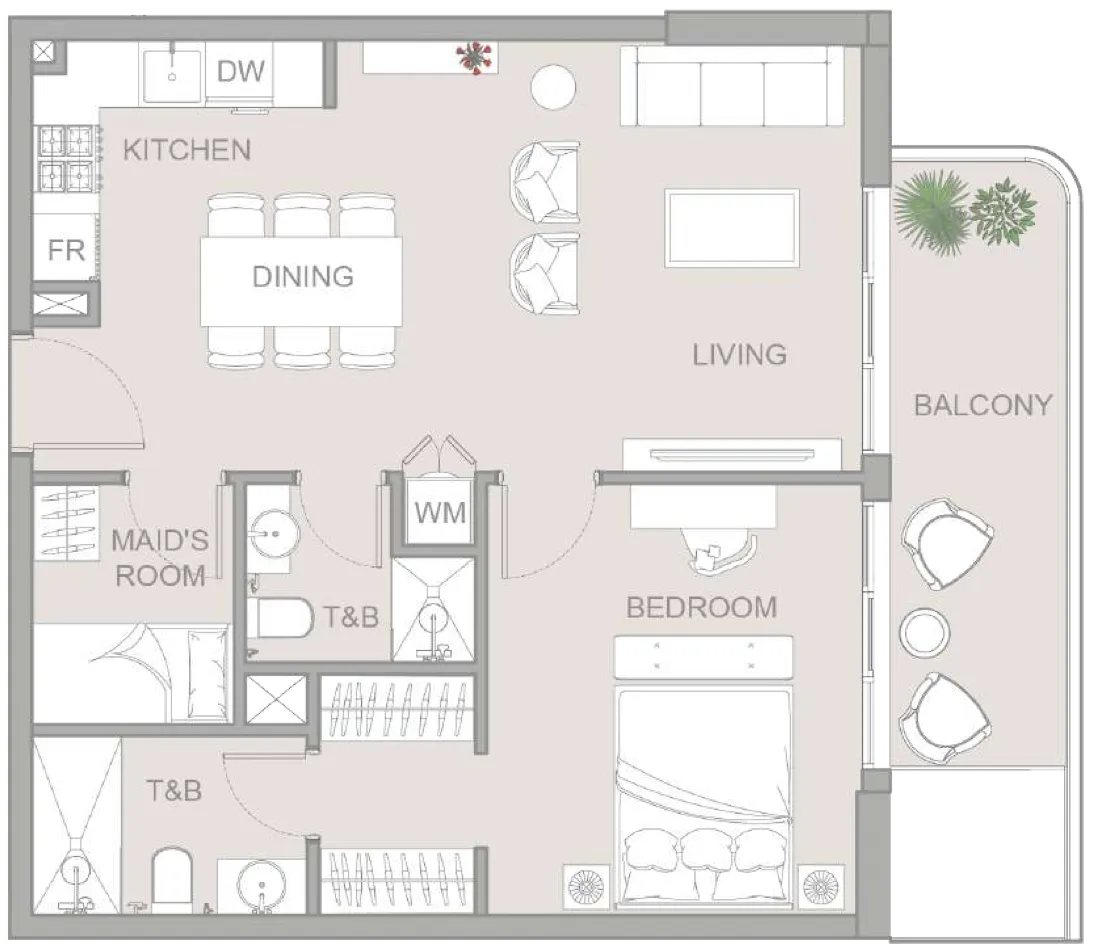 TETR1S Tower 1 bed floor plan, 787 sqft