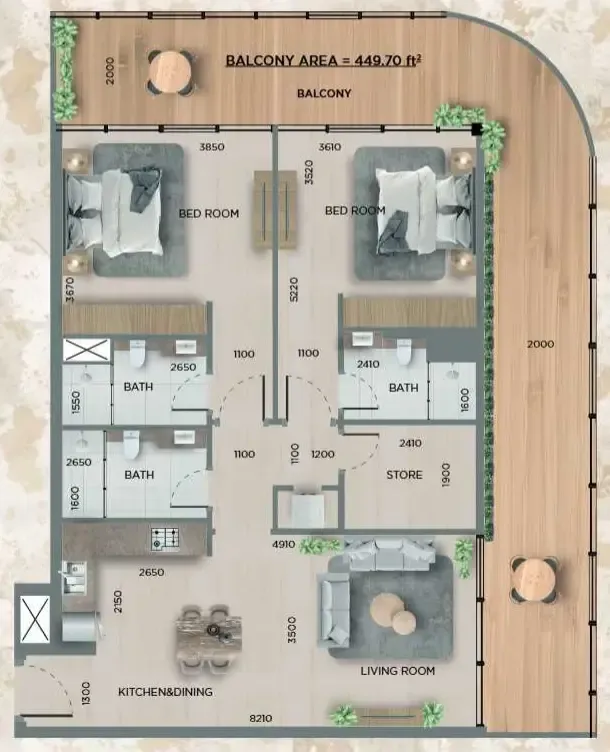 368 Park Ln. 2 bed floor plan, 1,362 sqft
