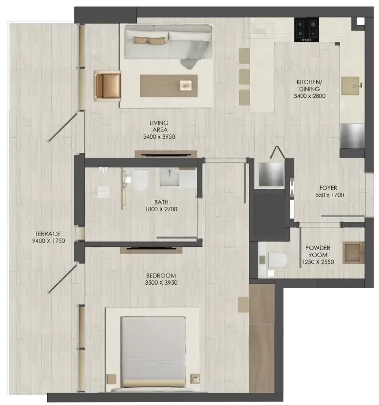 JAD 288 1 bed floor plan, 845 sqft