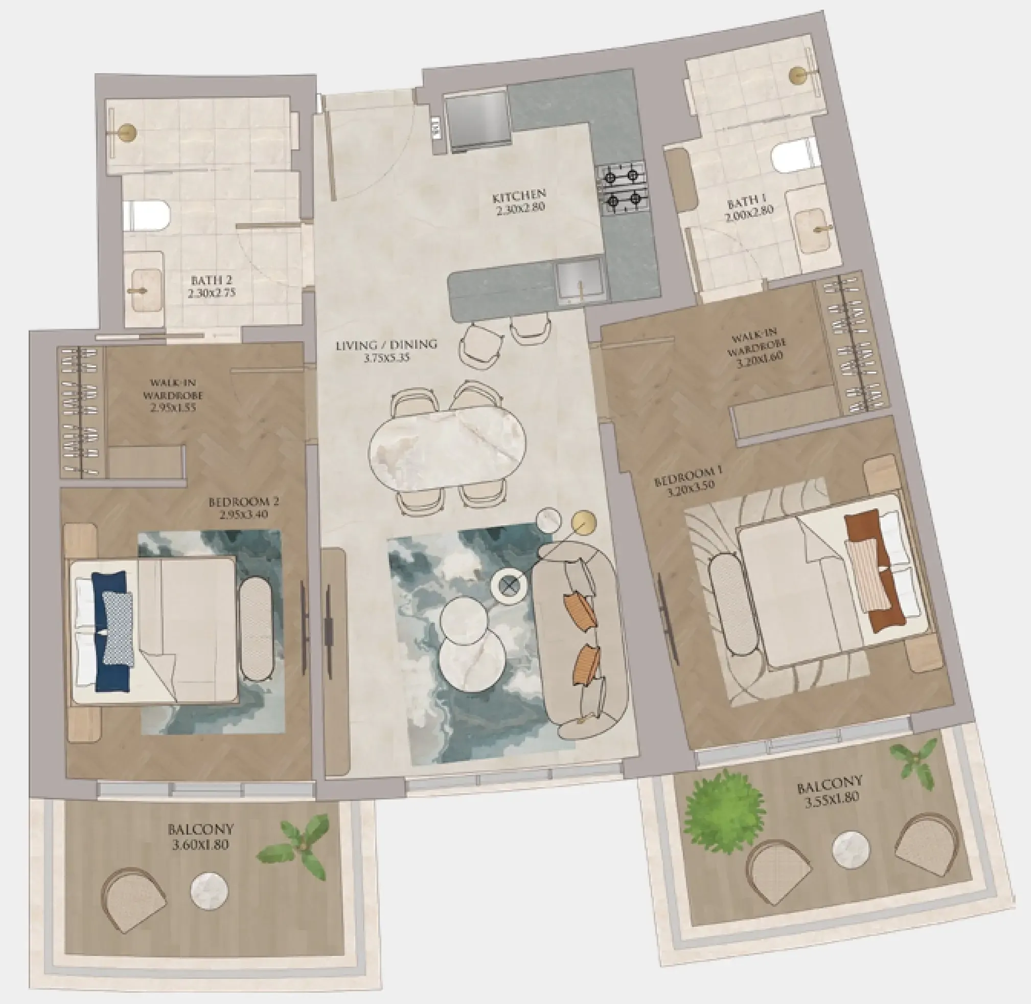 JW Marriott Residences and Resort 2 bed floor plan, 1,047 sqft