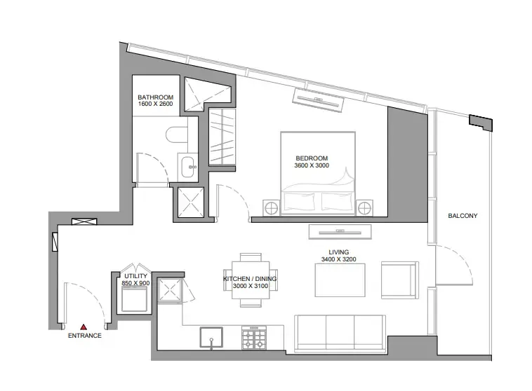 The Serene at Sobha Central 1 bed floor plan, 686 sqft