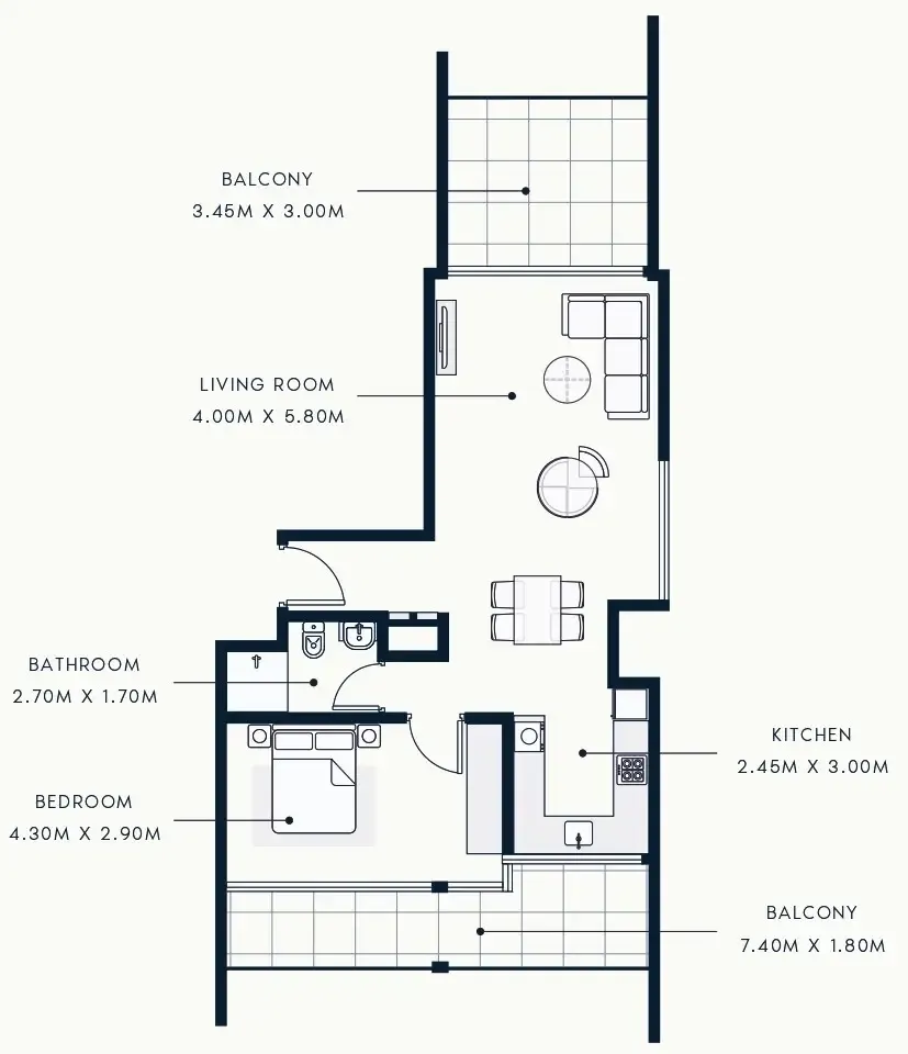 Riviera Beach Front 1 bed floor plan, 956 sqft
