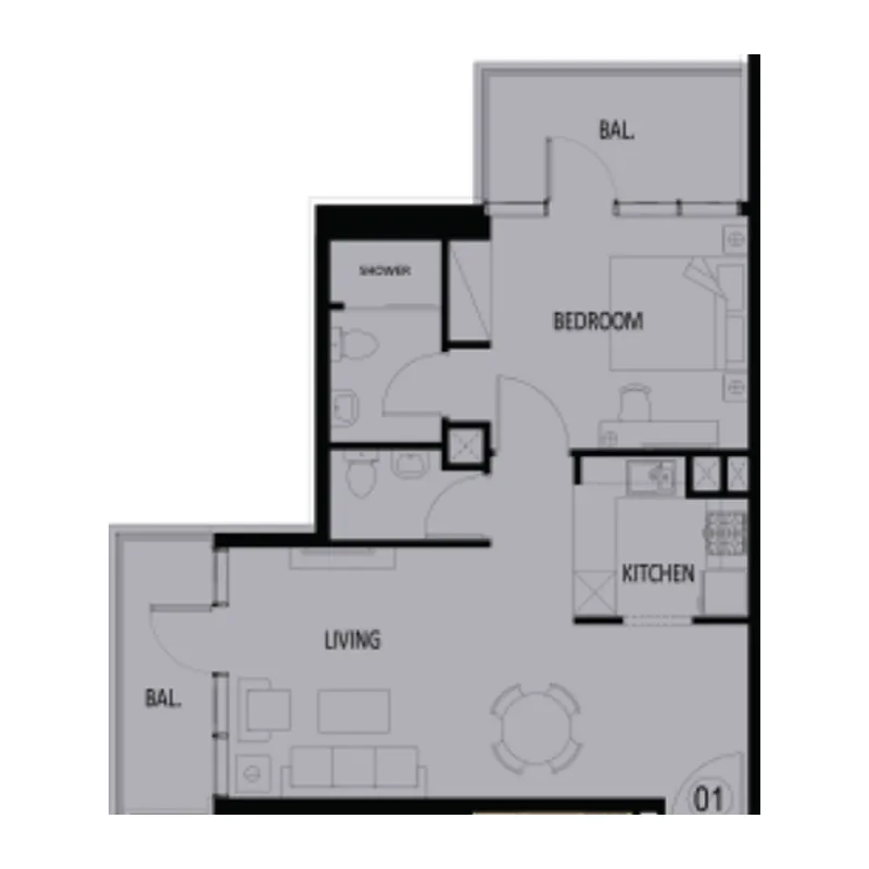 Elbrus 1 bed floor plan, 770 sqft