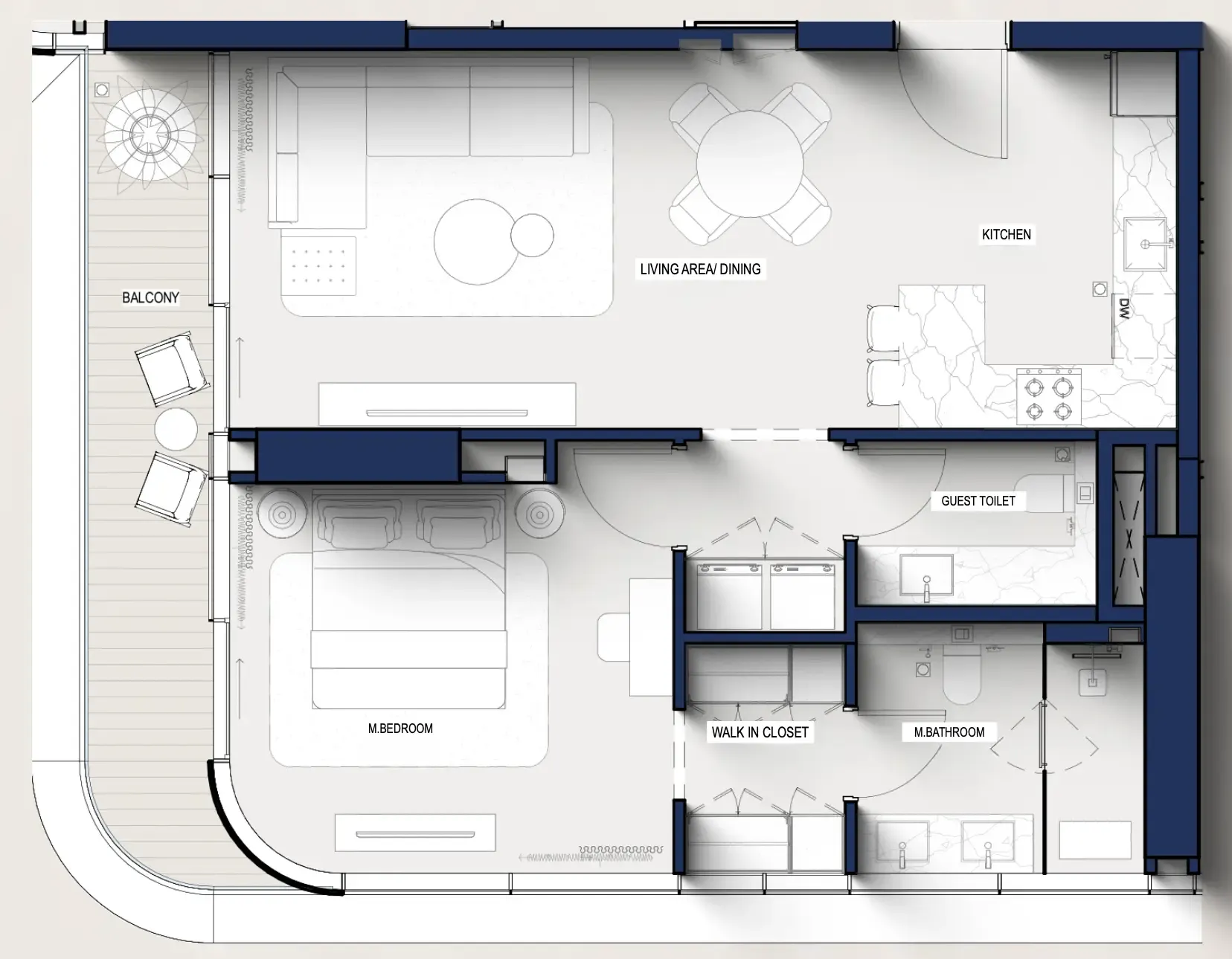 Hilton Residences 1 bed floor plan, 869 sqft