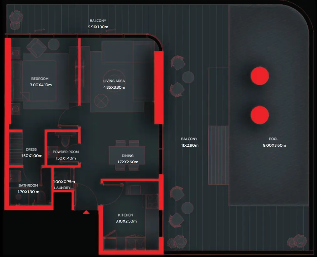 Tonino Lamborghini Residences by BNW Developments 1 bed floor plan, 1,100 sqft