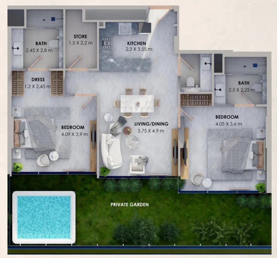 Marquis Vista 2 bed floor plan, 1,364 sqft
