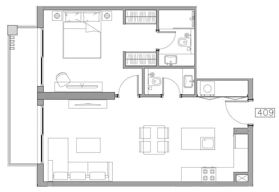Trevino 1 bed floor plan, 707 sqft