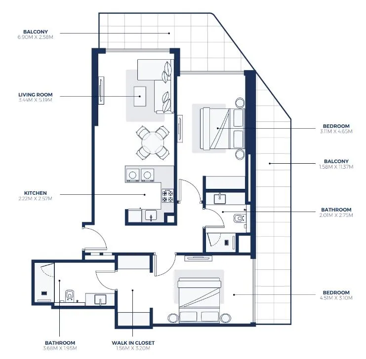 Creek Views 3 2 bed floor plan, 1,324 sqft