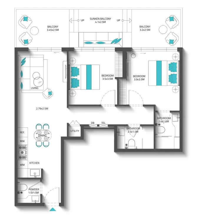Reef 996 2 bed floor plan, 1,180 sqft