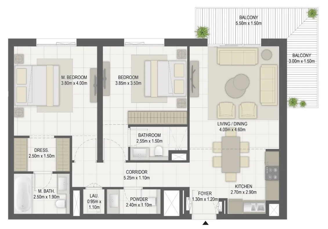 Layla Residences 2 bed floor plan, 1,184 sqft