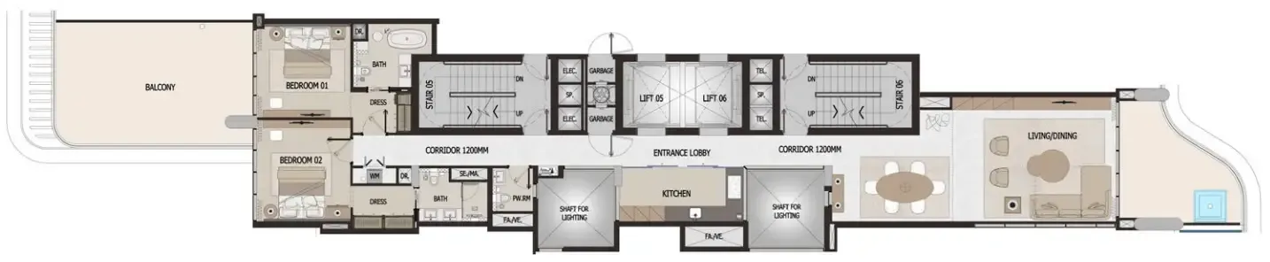Vitalia Palm Jumeirah Residences 2 bed floor plan, 1,940 – 1,962 sqft