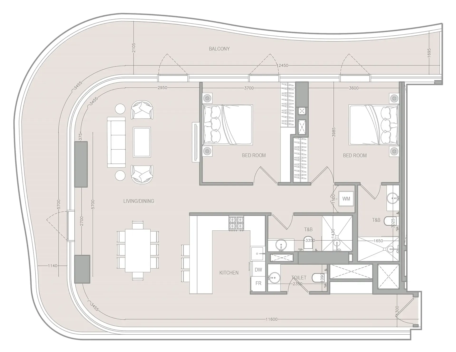 A1LA Residence 2 bed floor plan, 1,882 sqft