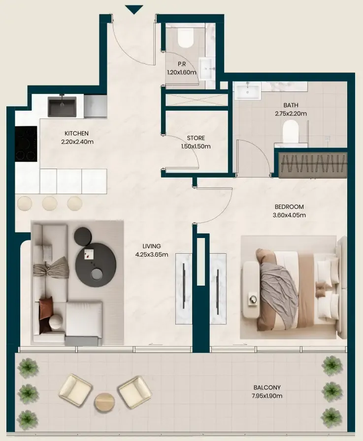 Kyomi Residences 1 bed floor plan, 776 sqft