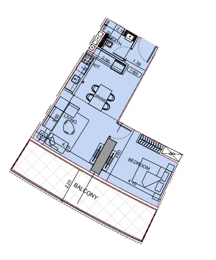 Binghatti Aquarise 1 bed floor plan, 789 sqft