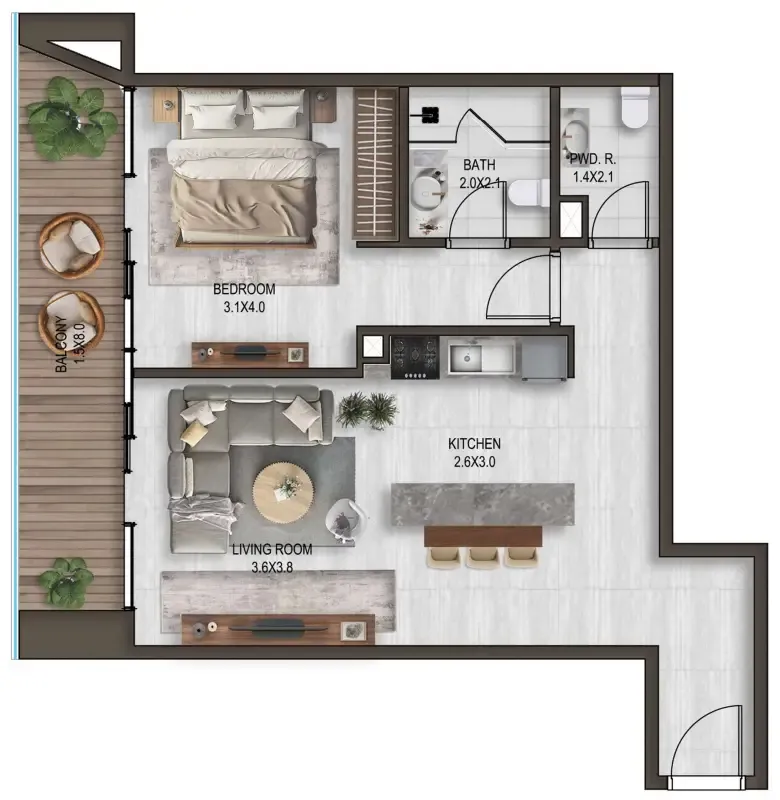 Noore 1 bed floor plan, 869 sqft