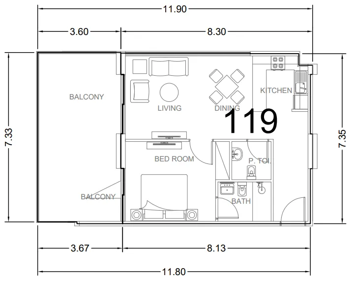 AG Aum 1 bed floor plan, 935 sqft
