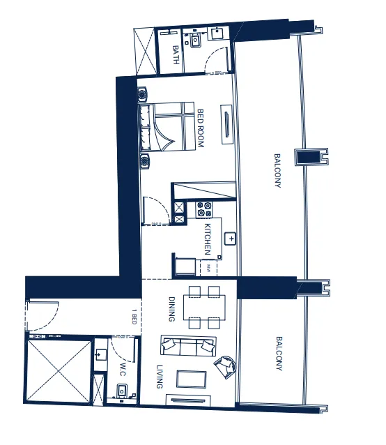 Binghatti Skyrise 1 bed floor plan, 1,022 sqft