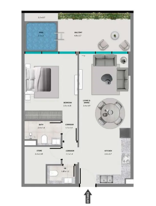 Samana Resorts 1 bed floor plan, 889 sqft