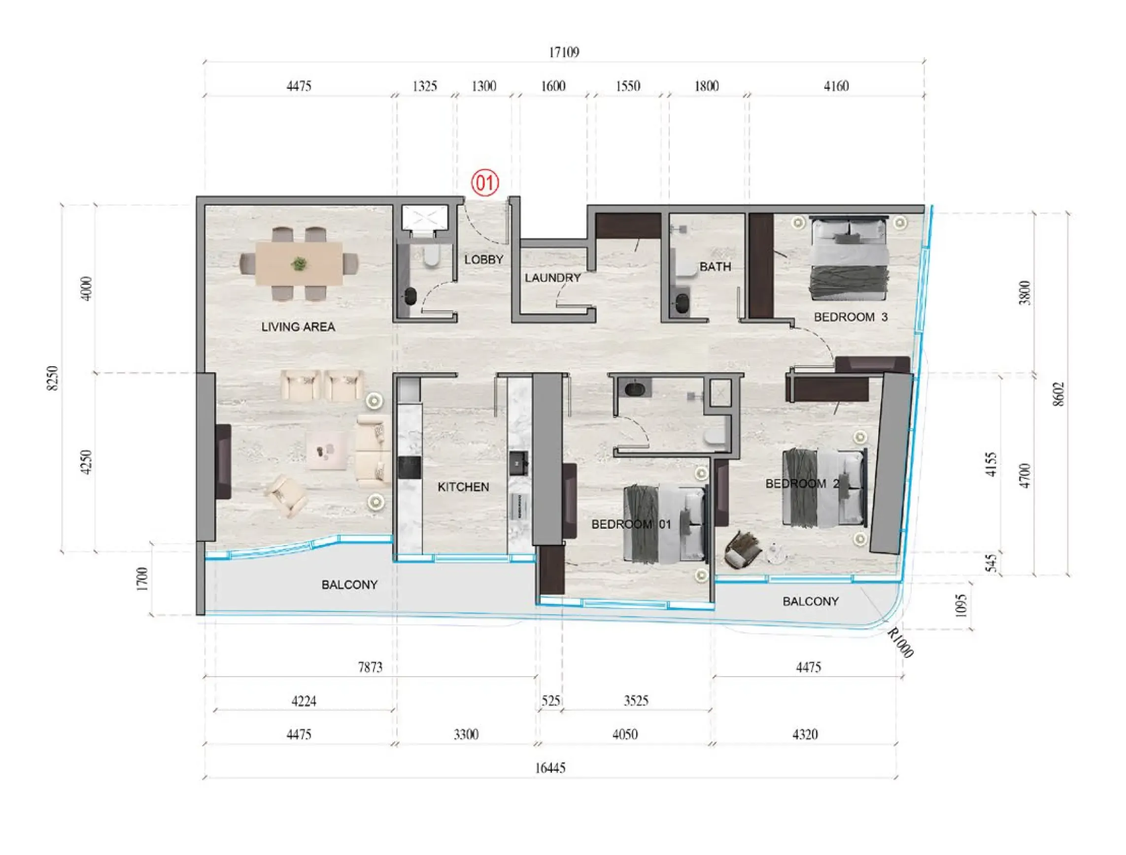 Al Ghaf Tower 3 bed floor plan, 1,791 sqft