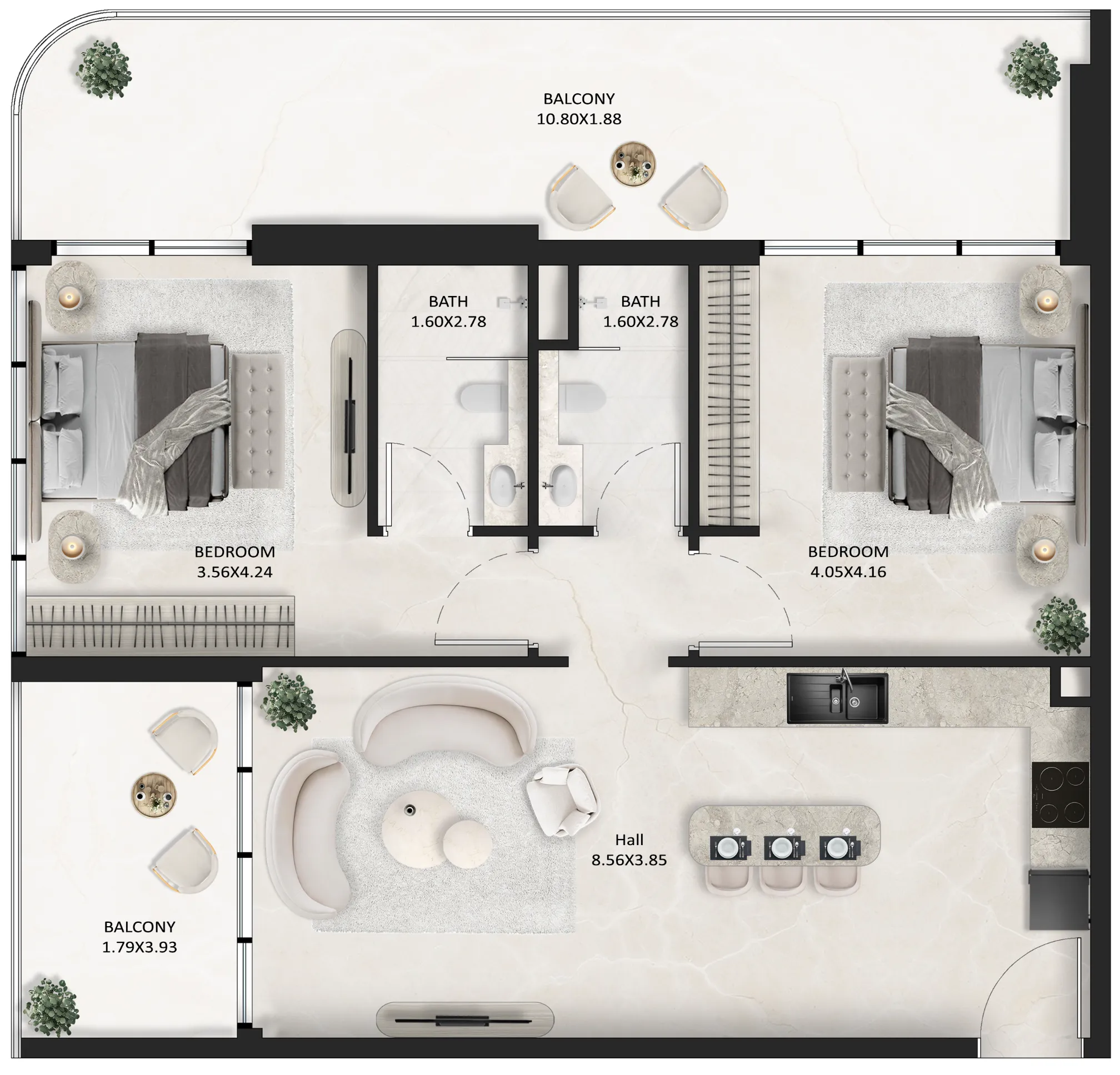 SquareX One 2 bed floor plan, 1,119 sqft