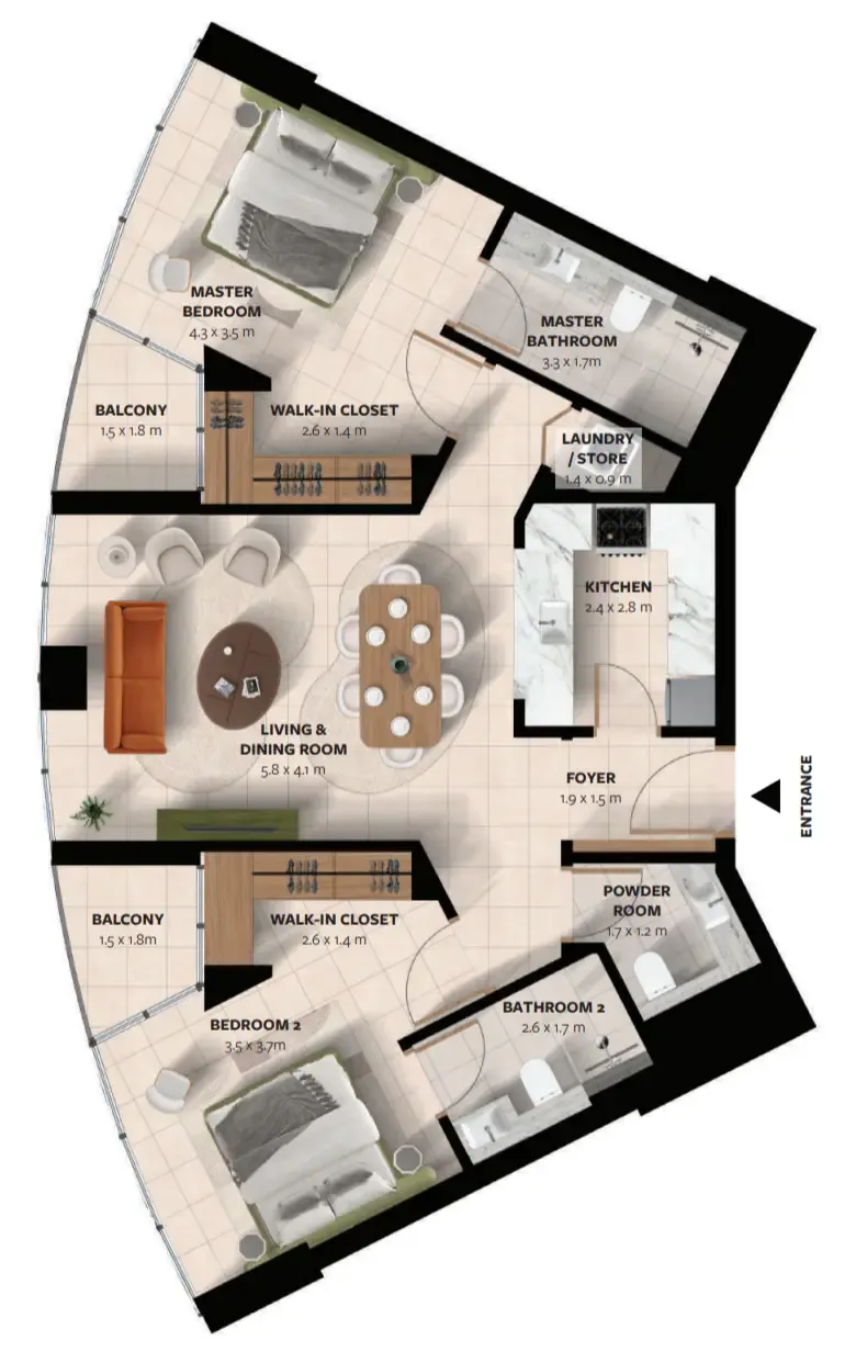 Waada Dubai South 2 bed floor plan, 1,154 sqft