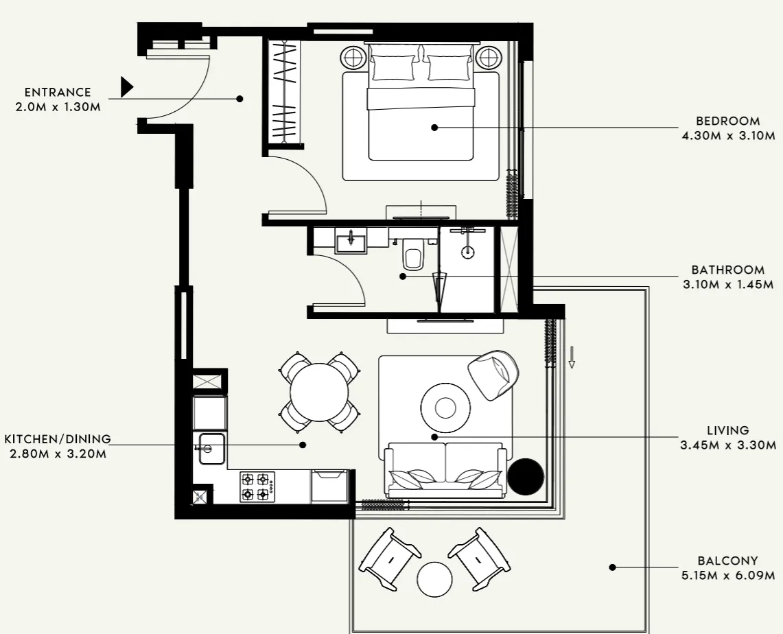 Azizi Venice 1 bed floor plan, 720 sqft