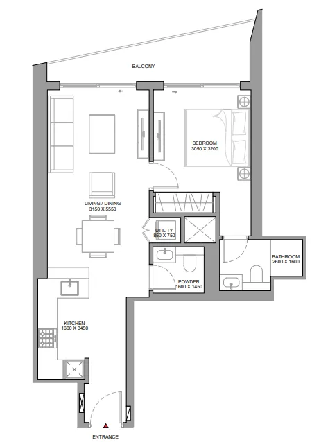 The Horizon at Sobha Central 1 bed floor plan, 744 sqft