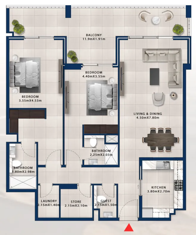 Asayel Avenue 2 bed floor plan, 1,725 sqft