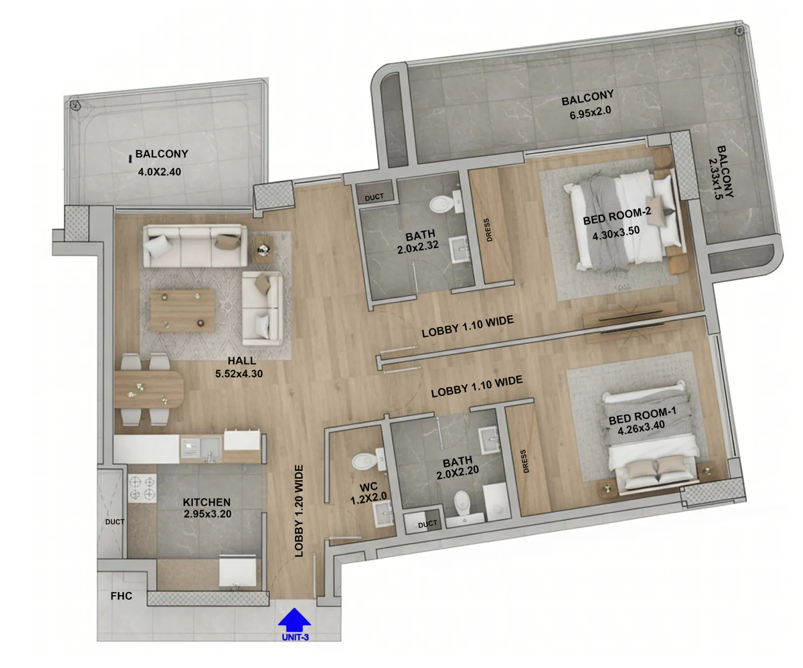 RR Grand 2 bed floor plan, 1,298 – 1,299 sqft